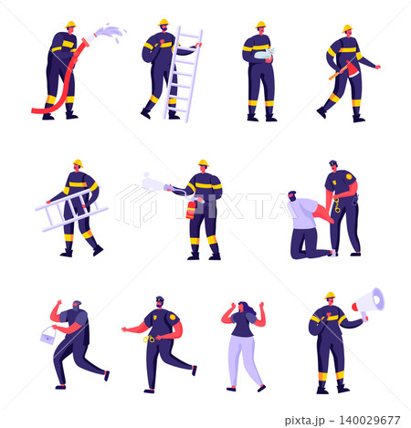 Set of Flat Firefighters, Policemen and Victims Characters. Cartoon Police Officers and Firemen at Work. Criminal Steal Bag, Male in Uniform Spraying Water. Vector Illustration. Set of Flat Firefighters, Policemen and Victims Characters. Cartoon Police Officers and Firemen at Work. Criminal Steal Bag, Male in Uniform Spraying Water. Vector Illustration. 140029677