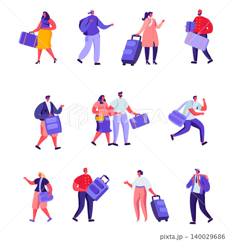 Set of Flat Hotel Staff and Guests Characters. Cartoon Businessman, Receptionist, Clerk Meeting Lodgers, Arabic European Clients, Doorman. Vector Illustration. Set of Flat Hotel Staff and Guests Characters. Cartoon Businessman, Receptionist, Clerk Meeting Lodgers, Arabic European Clients, Doorman. Vector Illustration. 140029686