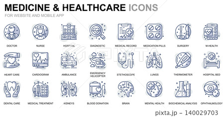 Simple Set Healthcare and Medicine Line Icons for Website and Mobile Apps. Contains such Icons as Doctor, Hospital, Medical Equipment. Conceptual color line icon. Vector pictogram pack. Simple Set Healthcare and Medicine Line Icons for Website and Mobile Apps. Contains such Icons as Doctor, Hospital, Medical Equipment. Conceptual color line icon. Vector pictogram pack. 140029703