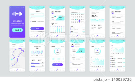 Set of UI, UX, GUI screens Fitness app flat design template for mobile apps, responsive website wireframes. Web design UI kit. Fitness Dashboard. Set of UI, UX, GUI screens Fitness app flat design template for mobile apps, responsive website wireframes. Web design UI kit. Fitness Dashboard. 140029726