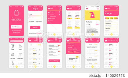 Set of UI, UX, GUI screens Shopping app flat design template for mobile apps, responsive website wireframes. Web design UI kit. Shopping Dashboard. 140029728