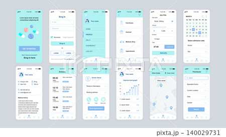 Set of UI, UX, GUI screens Medicine app flat design template for mobile apps, responsive website wireframes. Web design UI kit. Medicine Dashboard. Set of UI, UX, GUI screens Medicine app flat design template for mobile apps, responsive website wireframes. Web design UI kit. Medicine Dashboard. 140029731