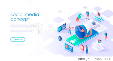 Modern flat design isometric concept of Social Media for banner and website. Isometric landing page template. Virtual communication and media sharing. Vector illustration. Modern flat design isometric concept of Social Media for banner and website. Isometric landing page template. Virtual communication and media sharing. Vector illustration. 140029791