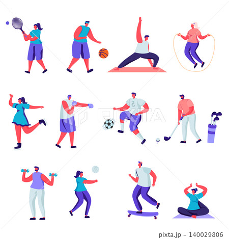 Set of flat people sports activities characters. Bundle cartoon people happy training or exercising isolated on white background. Vector illustration in flat modern style. 140029806