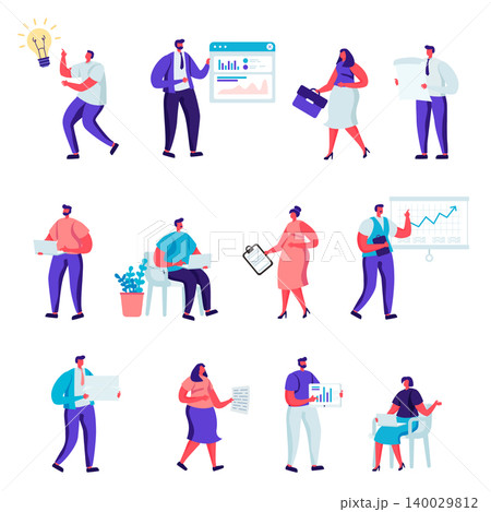 Set of flat business office people characters. Bundle cartoon people in various poses, graphs, data analysis on white background. Vector illustration in flat modern style. 140029812
