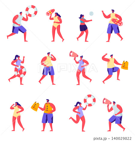 Set of flat people lifeguards on the beach characters. Bundle cartoon people showing safety rules before swimming on white background. Vector illustration in flat modern style. 140029822