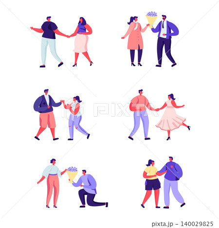 Set of flat people on a romantic date characters. Bundle cartoon people boys and girls holding hands, walking together on white background. Vector illustration in flat modern style. Set of flat people on a romantic date characters. Bundle cartoon people boys and girls holding hands, walking together on white background. Vector illustration in flat modern style. 140029825