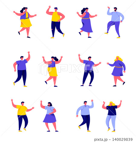 Set of flat people dancing at club or music concert characters. Cartoon tiny people on street isolated on white background. Flat vector Illustration. Collection people characters. Set of flat people dancing at club or music concert characters. Cartoon tiny people on street isolated on white background. Flat vector Illustration. Collection people characters. 140029839