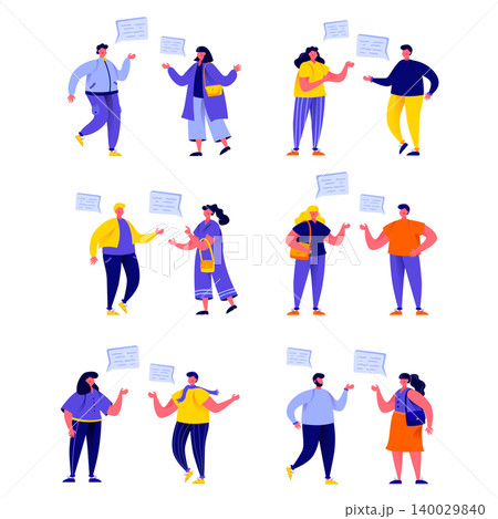 Set of flat people talking to each other with speech balloons characters. Cartoon tiny people on street isolated on white background. Flat vector Illustration. Collection people characters. 140029840