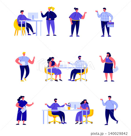 Set of flat people office workers or business meeting or brainstorming characters. Cartoon tiny people on street isolated on white background. Flat vector Illustration. Collection people characters. 140029842