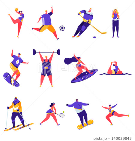 Set of flat people sports activities characters. Bundle cartoon people happy training or exercising isolated on white background. Vector illustration in flat modern style. Set of flat people sports activities characters. Bundle cartoon people happy training or exercising isolated on white background. Vector illustration in flat modern style. 140029845