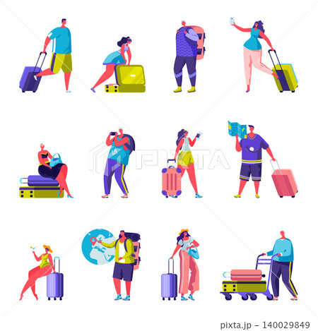 Set of flat people family goes on vacation characters. Bundle cartoon people travelers with suitcases go on a trip on white background. Vector illustration in flat modern style. 140029849