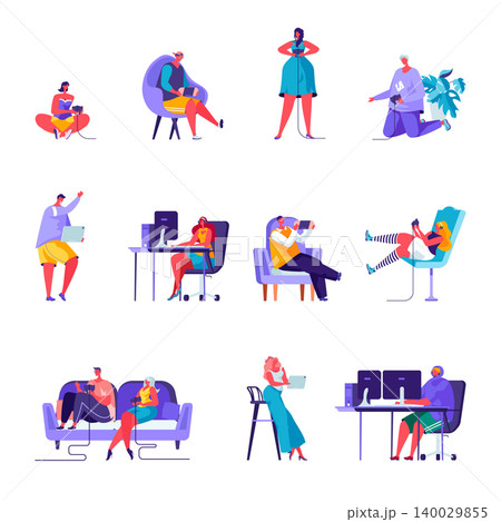 Set of flat people gamers characters. Bundle cartoon people players playing with various devices and poses on white background. Vector illustration in flat modern style. Set of flat people gamers characters. Bundle cartoon people players playing with various devices and poses on white background. Vector illustration in flat modern style. 140029855