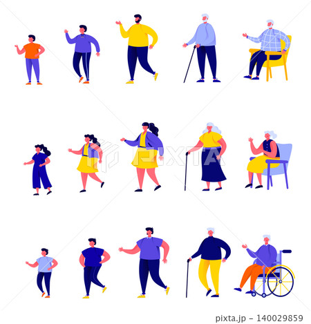 Set of flat people different generations characters. Bundle cartoon people different stages of human development isolated on white background. Vector illustration in flat modern style. 140029859