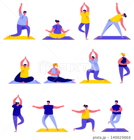 Set of flat people group doing yoga exercises characters. Bundle cartoon people fitness, sport and healthy lifestyle concept isolated on white background. Vector illustration in flat modern style. 140029868
