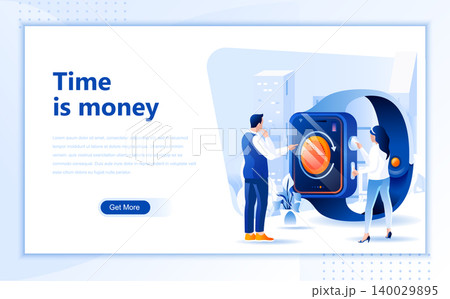 Time is money flat web page design template of homepage or header images decorated people for website and mobile website development. Flat landing page template. Vector illustration. Time is money flat web page design template of homepage or header images decorated people for website and mobile website development. Flat landing page template. Vector illustration. 140029895
