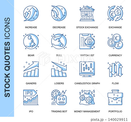 Thin Line Stock Quotes Related Vector Icons Set for Website and Mobile Site and Apps. Outline icons design. Contains such Icons as IPO, Portfolio, Money Management and more. Linear Pictogram Pack. 140029911