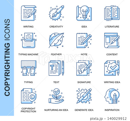 Thin Line Copyrighting Related Vector Icons Set for Website and Mobile Site and Apps. Outline icons design. Contains such Icons as Typing Machine, Signature, Process and more. Linear Pictogram Pack. 140029912