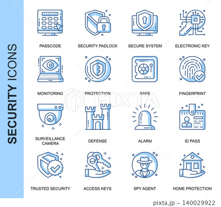 Thin Line Security Related Vector Icons Set for Website and Mobile Site and Apps. Outline icons design. Contains such Icons as Surveillance Camera, Fingerprint, ID and more. Linear Pictogram Pack. Thin Line Security Related Vector Icons Set for Website and Mobile Site and Apps. Outline icons design. Contains such Icons as Surveillance Camera, Fingerprint, ID and more. Linear Pictogram Pack. 140029922