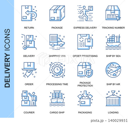 Thin Line Delivery Related Vector Icons Set for Website and Mobile Site and Apps. Outline icons design. Contains such Icons as Express Delivery, Tracking Number Search and more. Linear Pictogram Pack. 140029931