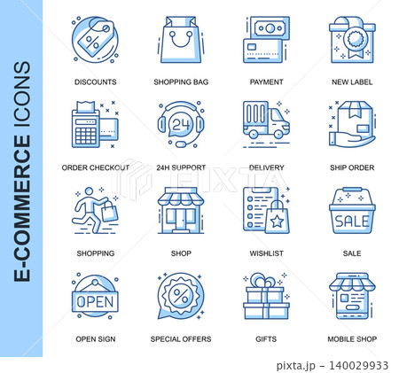 Thin Line E-Commerce Related Vector Icons Set for Website and Mobile Site and Apps. Outline icons design. Contains such Icons as Discounts, Mobile Shop, Sale, Shopping and more. Linear Pictogram Pack. 140029933