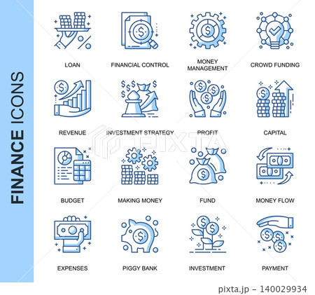 Thin Line Finance Related Vector Icons Set for Website and Mobile Site and Apps. Outline icons design. Contains such Icons as Crowd Funding, Money, Investment Strategy and more. Linear Pictogram Pack. 140029934