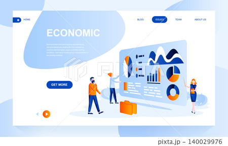 Economic flat landing page template with header. Analytics web banner, homepage design. Financial service vector illustration Economic flat landing page template with header. Analytics web banner, homepage design. Financial service vector illustration 140029976