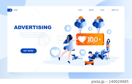 Advertising vector landing page template with header. Successful promotion web banner, homepage design with flat illustrations Advertising vector landing page template with header. Successful promotion web banner, homepage design with flat illustrations 140029985