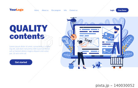 Quality contents vector landing page template with header. Online business, social media web banner, homepage design with flat illustrations. Bloggers cartoon characters. Blogging concept Quality contents vector landing page template with header. Online business, social media web banner, homepage design with flat illustrations. Bloggers cartoon characters. Blogging concept 140030052