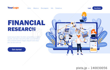 Financial research flat landing page template with header. Data analysis web banner, homepage design. Analytics and statistics vector illustration. Information overview, business forecast concept Financial research flat landing page template with header. Data analysis web banner, homepage design. Analytics and statistics vector illustration. Information overview, business forecast concept 140030056