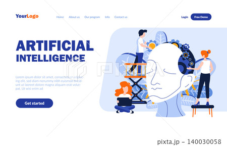 Artificial intelligence flat landing page template with header. Scientific development web banner, homepage design. Smart cyborg invention vector illustration. Science, technology, cybernetics concept Artificial intelligence flat landing page template with header. Scientific development web banner, homepage design. Smart cyborg invention vector illustration. Science, technology, cybernetics concept 140030058