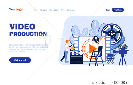 Video production vector landing page template with header. Movie creation web banner, homepage design with flat illustrations. Film editors, producers cartoon characters. Filming concept Video production vector landing page template with header. Movie creation web banner, homepage design with flat illustrations. Film editors, producers cartoon characters. Filming concept 140030059