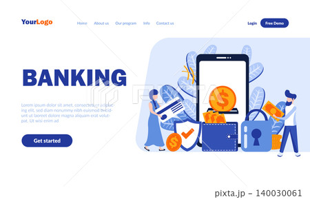 Banking flat landing page template with header. Financial online service web banner, homepage design. E-pay, contactless payments vector illustration. Personal bank account, e-commerce concept Banking flat landing page template with header. Financial online service web banner, homepage design. E-pay, contactless payments vector illustration. Personal bank account, e-commerce concept 140030061