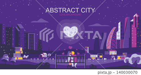 Vector illustration in simple flat style - romantic city landscape with couple in love - abstract valentine day banner and love background with copy space for text - header image for landing page. Vector illustration in simple flat style - romantic city landscape with couple in love - abstract valentine day banner and love background with copy space for text - header image for landing page. 140030070