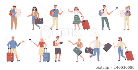 Tourists, male and female travelers flat vector illustrations set. Travelling, excursion, sightseeing, route choice. People with luggage cartoon characters bundle isolated on white background Tourists, male and female travelers flat vector illustrations set. Travelling, excursion, sightseeing, route choice. People with luggage cartoon characters bundle isolated on white background 140030080