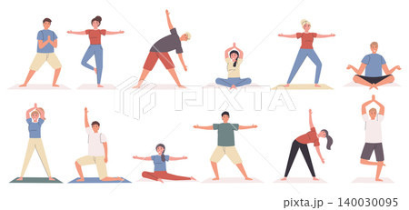 Yoga poses and exercises flat vector illustrations set. Sport and relaxation, healthy lifestyle. Yogi cartoon characters, people in different asanas bundle isolated on white background 140030095