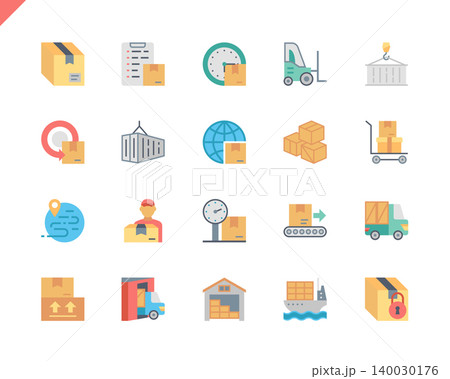 Simple Set Package Delivery Flat Icons for Website and Mobile Apps. Contains such Icons as Warehouse, Truck, Worldwide Shipping, Cargo. 48x48 Pixel Perfect. Vector illustration. 140030176