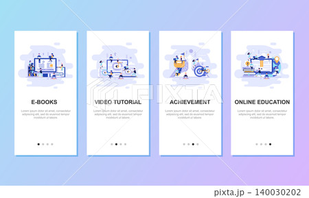 Onboarding screens user interface kit for mobile app templates concept. Modern user interface UX, UI screen template for mobile smart phone or responsive web site. Vector illustration flat design. 140030202