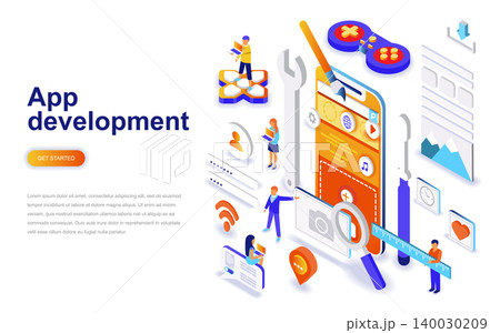 App development modern flat design isometric concept. Smartphone and people concept. Landing page template. Conceptual isometric vector illustration for web and graphic design. App development modern flat design isometric concept. Smartphone and people concept. Landing page template. Conceptual isometric vector illustration for web and graphic design. 140030209