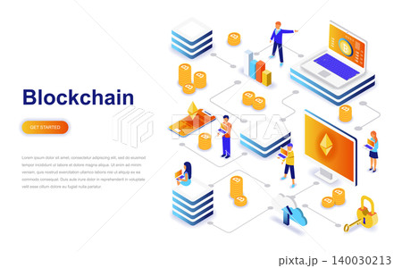 Blockchain modern flat design isometric concept. Cryptocurrency and people concept. Landing page template. Conceptual isometric vector illustration for web and graphic design. 140030213