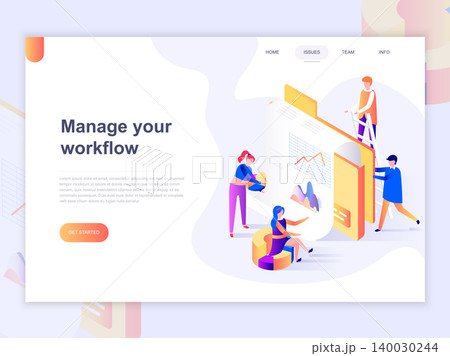 Landing page template of business and workflow management. 3D isometric concept of web page design for website and mobile website. Vector illustration. 140030244