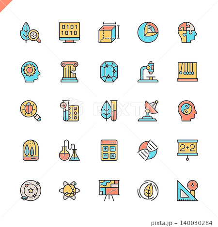 Flat line science, scientific activityelements icons set for website and mobile site and apps. Outline icons design. 48x48 Pixel Perfect. Linear pictogram pack. Vector illustration. 140030284