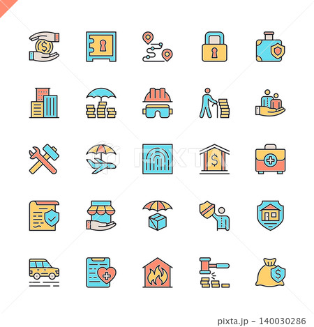 Flat line insurance elements icons set for website and mobile site and apps. Outline icons design. 48x48 Pixel Perfect. Linear pictogram pack. Vector illustration. 140030286