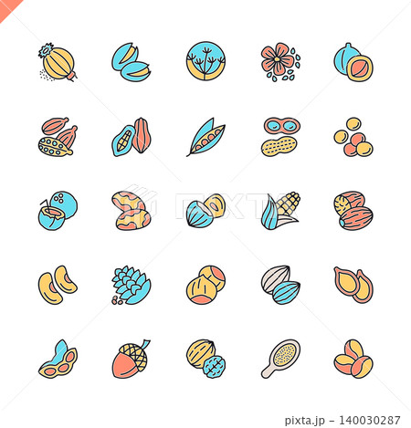 Flat line nuts, seeds and beans elements icons set for website and mobile site and apps. Outline icons design. 48x48 Pixel Perfect. Linear pictogram pack. Vector illustration. Flat line nuts, seeds and beans elements icons set for website and mobile site and apps. Outline icons design. 48x48 Pixel Perfect. Linear pictogram pack. Vector illustration. 140030287