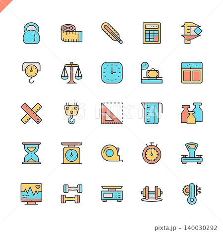 Flat line measuring, measure elements icons set for website and mobile site and apps. Outline icons design. 48x48 Pixel Perfect. Linear pictogram pack. Vector illustration. 140030292