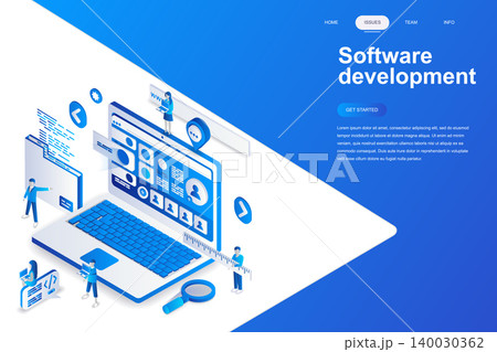 Software development modern flat design isometric concept. Developer and people concept. Landing page template. Conceptual isometric vector illustration for web and graphic design. Software development modern flat design isometric concept. Developer and people concept. Landing page template. Conceptual isometric vector illustration for web and graphic design. 140030362