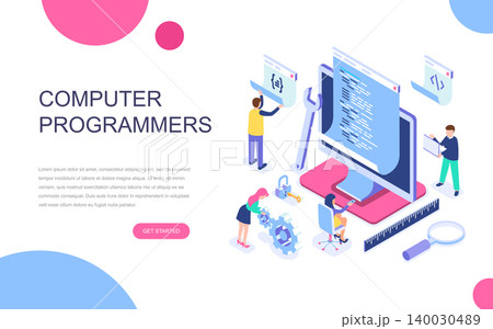 Modern flat design isometric concept of Computer Programmers for banner and website. Isometric landing page template. Developer of project team of engineers for website coding. Vector illustration. Modern flat design isometric concept of Computer Programmers for banner and website. Isometric landing page template. Developer of project team of engineers for website coding. Vector illustration. 140030489