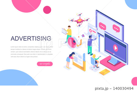 Modern flat design isometric concept of Advertising and Promotion for banner and website. Isometric landing page template. Social media campaign, marketing research. Vector illustration. Modern flat design isometric concept of Advertising and Promotion for banner and website. Isometric landing page template. Social media campaign, marketing research. Vector illustration. 140030494