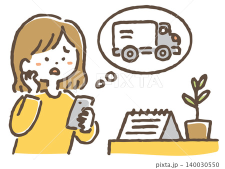 配送遅延のお知らせに困る女性のイラスト。 140030550