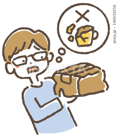 最悪な梱包で商品が破損しているのではないかと心配する男性のイラスト。 最悪な梱包で商品が破損しているのではないかと心配する男性のイラスト。 140030556